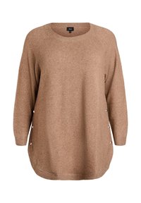 Brūns pārāk liels adīts džemperis ar garām piedurknēm, apaļu kaklu un pogu detaļām sānos.