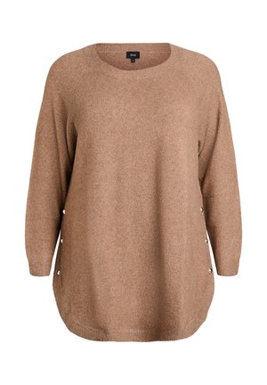 Brūns pārāk liels adīts džemperis ar garām piedurknēm, apaļu kaklu un pogu detaļām sānos.