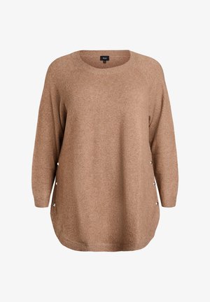 Hnedý oversize pletený sveter s dlhými rukávmi, okrúhlym výstrihom a detailmi s gombíkmi po stranách.