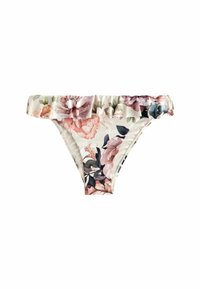 Květinové bikiny s nízkým pasem z lehkého materiálu, s volánkovým pasem a velkými růžovými a levandulovými květinovými vzory na krémovém pozadí.
