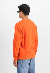 Felpa arancione con maniche lunghe e polsini a coste, caratterizzata da un collo a giro. Indossata con jeans in denim blu, vista da dietro.