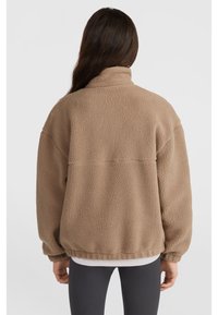 Brown fleece pullover with a high collar, textured, loose-fitting design, elastic cuffs, and a straight hem, viewed from the back.