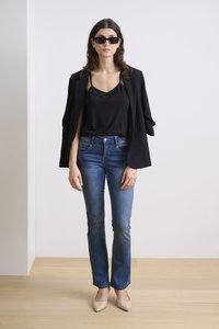 Black blazer draped over shoulders, black lace-trimmed tank top, blue slim-fit jeans, and beige heels. Model wears black sunglasses.