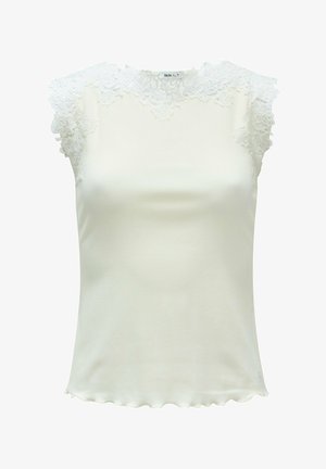 Top blanco con rayas y acentos de encaje en los hombros, dobladillo con picos y un diseño ajustado. No hay otros detalles notables presentes.