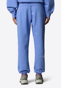Blaue Sweatpants mit elastischen Bündchen, aus weichem Stoff, mit einem kleinen weißen Logo am Unterschenkel. Kombiniert mit grauen Sneakers.