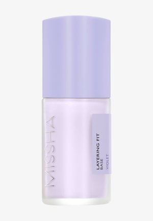 Base violet Missha Layering Fit Base dans un flacon en verre givré avec un bouchon et une étiquette violets.