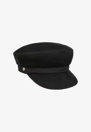 Schwarze Wollmatrosenmütze mit kurzem Schirm und einem dekorativen Band mit zwei silbernen Knöpfen an den Seiten.