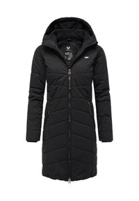 Czarna puchowa kurtka z kapturem, zapinana na zamek z przodu, z dwoma bocznymi kieszeniami i pikowanym wzorem. Materiał wygląda na gładki i ocieplany.