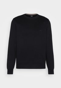 Dunkelblauer Pullover mit Rundhalsausschnitt, gerippten Bündchen und Saum. Zeigt ein dezentes Logo auf der Brust und hat eine glatte Stricktextur.