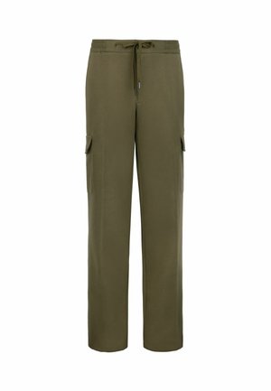 Olivgrüne Cargohosen mit geraden Beinen, elastischem Bund, Kordelzug und Klappentaschen an jedem Oberschenkel.