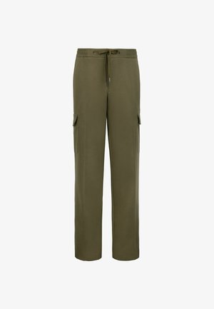 Olivengrønne cargobukser med lige ben, elastisk talje, snøre og klaplommer på hvert lår.