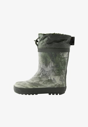 Groene rubberen regenlaars met een patroon, voorzien van een gebreide bovenkant, trekkoordsluiting en een zwarte structuurzool voor grip.