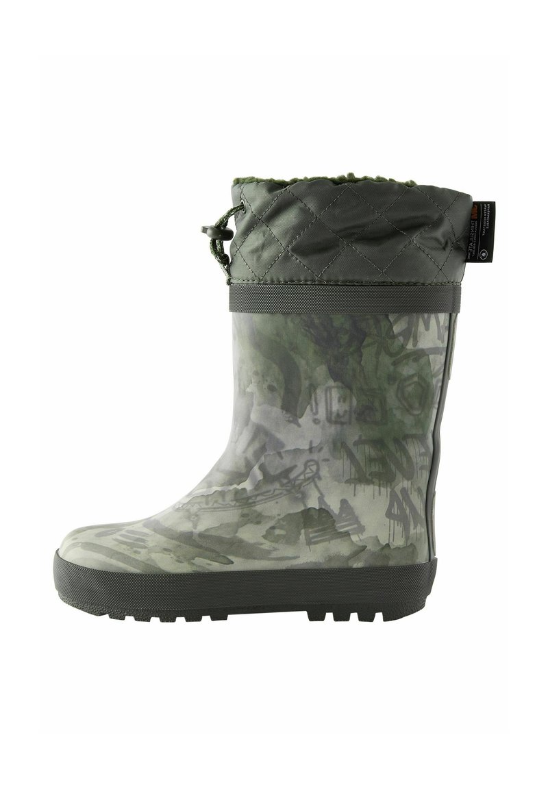 Grüne gummierte Regenstiefel mit einem ge quilteten Textiloberen, Kordelzugverschluss und schwarzer, strukturiertem Fußbett für besseren Grip.