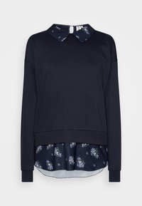 Námořnická mikina s květinovým vzorem na límečku. Obsahuje dlouhé rukávy, žebrované manžety a zaoblený lem. Měkká textilie.