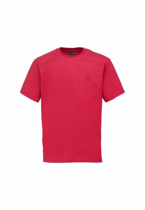 Cotton T-shirt in bright red, featuring a round neckline, short sleeves, and a small embroidered logo on the left chest. Smooth texture.