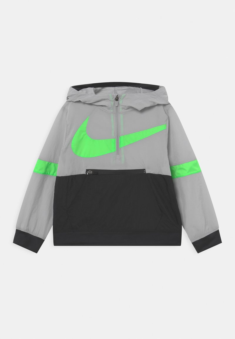 Šedá a černá mikina s kapucí, s neonově zeleným logem Nike a pruhy na rukávech, předním zipem a klokankovou kapsou se zipem.