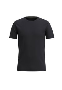 Camiseta atlética negra hecha de material ligero, con mangas cortas, cuello redondo y un diseño minimalista sin patrones ni acentos.