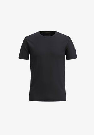 Černé sportovní tričko vyrobené z lehkého materiálu, s krátkými rukávy, kulatým výstřihem a minimalistickým designem bez vzorů nebo akcentů.