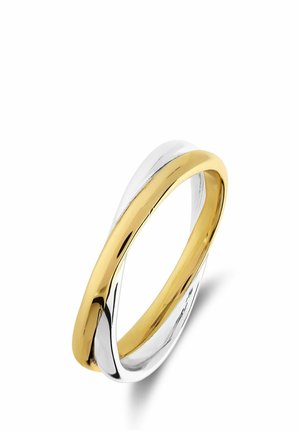 Intertwined two-band ring with smooth, polished surfaces in gold and silver tones on a white background.