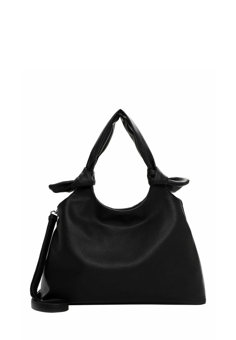 Black leather handbag with a rounded shape, features knotted handles, and an adjustable strap. Textured surface with a smooth finish.