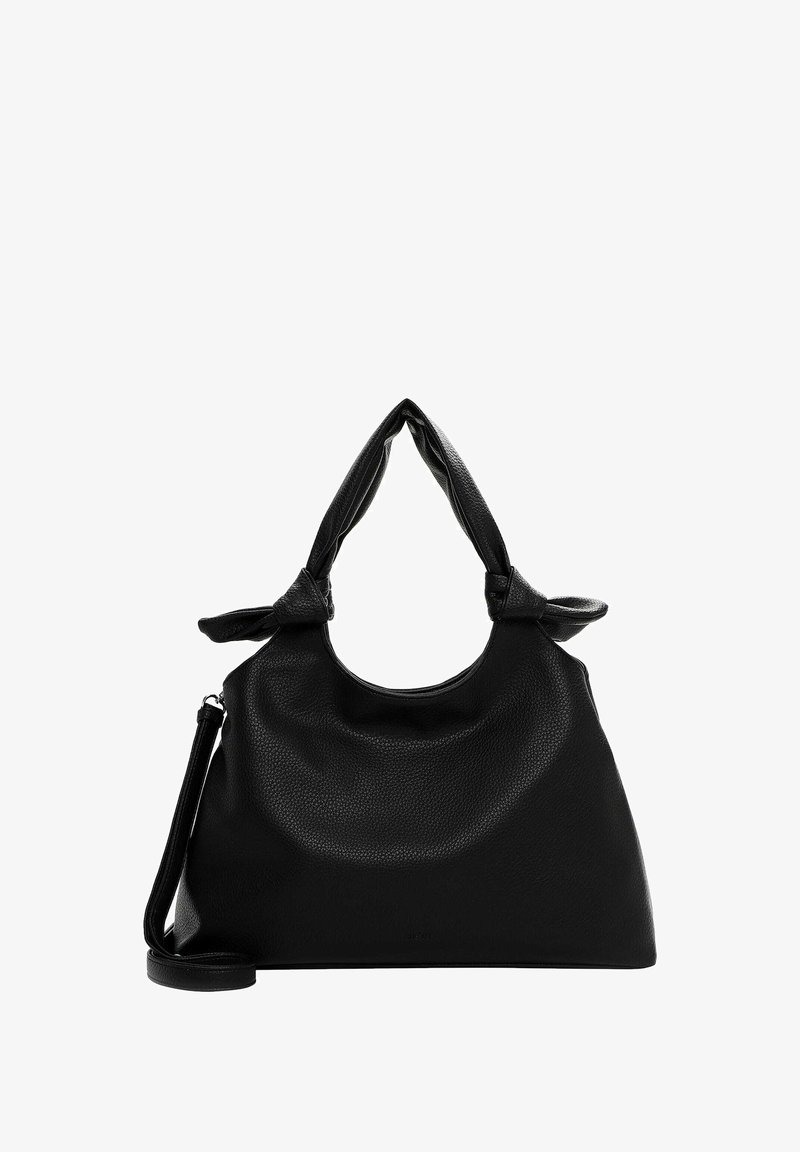 Black leather handbag with a rounded shape, features knotted handles, and an adjustable strap. Textured surface with a smooth finish.