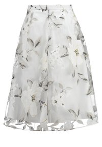 Blomster midi-nederdel i gennemsigtigt hvidt stof, med grå og creme blomster mønstre, en tætsiddende talje og en let udvidet silhuet.