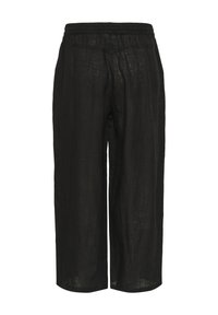 Pantalons noirs en lin coupés avec une taille élastique, présentant un tissu léger et texturé ainsi qu'un design décontracté.