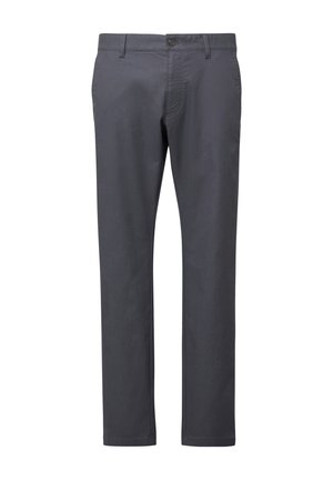 Dunkelgraue Hose aus leichtem Stoff, mit geradem Schnitt, Knopfverschluss und zwei Vordertaschen. Glatte Textur und schlichtes Design.