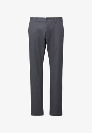 Dunkelgraue Hose aus leichtem Stoff, mit geradem Schnitt, Knopfverschluss und zwei Vordertaschen. Glatte Textur und schlichtes Design.