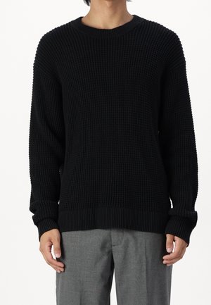 Man wearing a black waffle-knit sweater with long sleeves and gray trousers, standing against a white background.