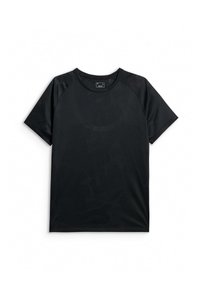 T-shirt de sport noir uni à manches courtes avec col rond, en tissu légèrement texturé, posé à plat sur un fond blanc.