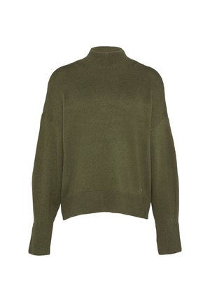 Olive green knitted sweater with a high neck, long sleeves, and a relaxed fit. Features ribbed cuffs and hem for added texture.