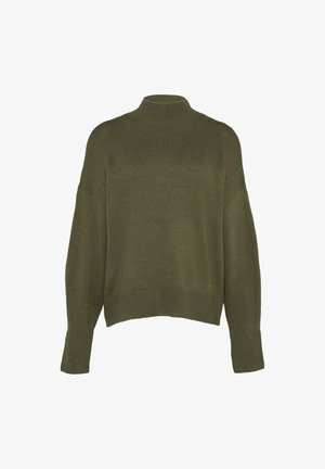 Olivgrüner gestrickter Pullover mit hohem Kragen, langen Ärmeln und lockerer Passform. Verfügt über gerippte Bündchen und Saum für zusätzliche Textur.