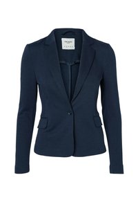Tmavě modrý oblekový blazer, zapínání na jeden knoflík, klopové límce, dvě přední kapsy, hladká látka s mírným leskem. Viditelná etiketa VERO MODA.