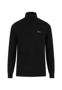 Schwarzer Rollkragenpullover aus weichem Stoff, mit taillierter Passform und Rippdetails an den Ärmelbündchen und Seiten. Kleines Logo auf der Brust.