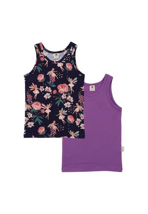 Zwei ärmellose Kinderoberteile, eines in einfarbigem Lila und eines in Schwarz mit rosa Blumen- und Feenmotiv.