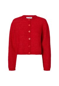 Röd kort cardigan gjord av strukturerat stickat material, med rund hals och sex matchande knappar framtill.