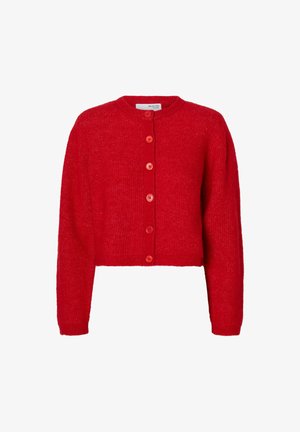 Raudona trumpoji megztinė, pagaminta iš tekstūrinio megztinio audinio, su apvaliu kaklu ir šešiais derančiais mygtukais priekyje.
