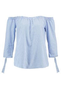 Bluzka w niebiesko-białe paski z odkrytymi ramionami, rękawami 3/4, elastycznym dekoltem i zawiązywanymi mankietami. Lekka tkanina o luźnym kroju.