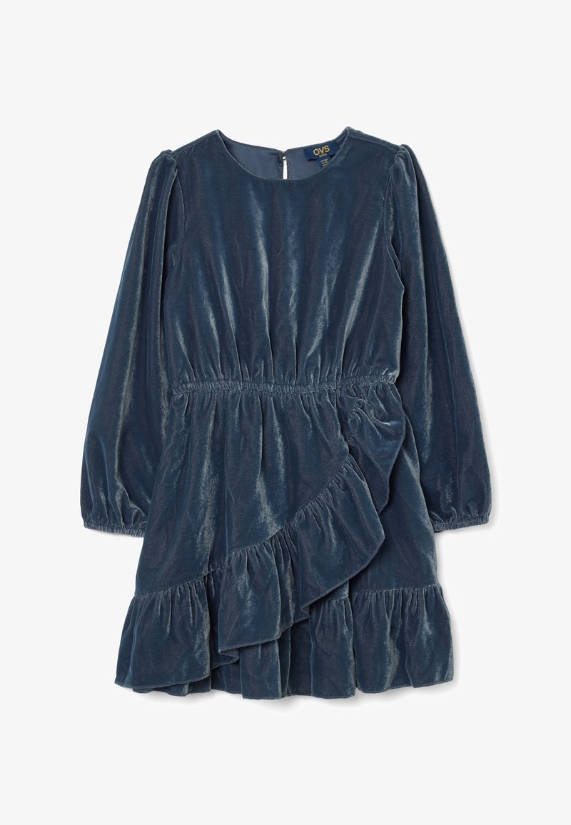 Samtiges, dunkelblaues Kleid mit langen Puffärmeln, rundem Ausschnitt, elastischem Taillenzug und einem gerafften Saumdetail auf einer Seite. Mit Reißverschluss auf der Rückseite.