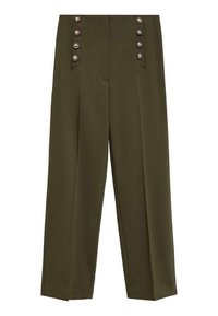 Pantalon taille haute vert olive cintré avec jambes larges et deux rangées verticales de boutons décoratifs argentés sur les poches avant.
