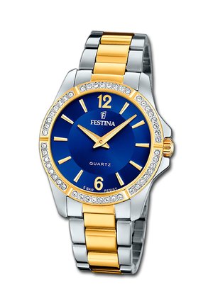Festina quartzhorloge met blauwe wijzerplaat, goud- en zilverkleurige metalen band, gouden uurmarkeringen, met kristallen bezette lunette en waterbestendigheid tot 5 bar.