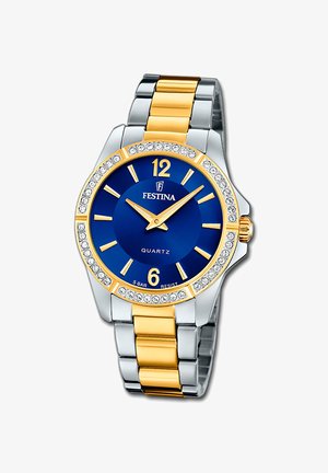 Festina quartzhorloge met blauwe wijzerplaat, goud- en zilverkleurige metalen band, gouden uurmarkeringen, met kristallen bezette lunette en waterbestendigheid tot 5 bar.