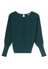 Pull en maille teal avec un col rond, des manches longues et un détail en forme de clé à l'arrière. Texture douce avec un bas ajusté.