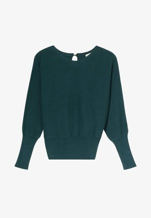 Pull en maille teal avec un col rond, des manches longues et un détail en forme de clé à l'arrière. Texture douce avec un bas ajusté.