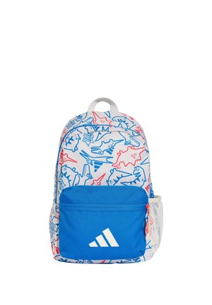 Zaino bianco con contorni di dinosauri blu e rossi, grande tasca frontale blu con logo Adidas bianco e tasca laterale in rete bianca.