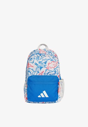 Zaino bianco con contorni di dinosauri blu e rossi, grande tasca frontale blu con logo Adidas bianco e tasca laterale in rete bianca.