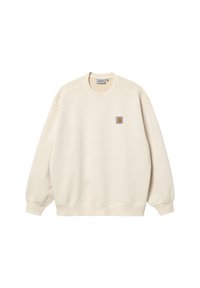 Felpa color crema con collo rotondo, maniche lunghe e polsini a costine. Presenta una piccola patch con logo nella zona sinistra del petto.