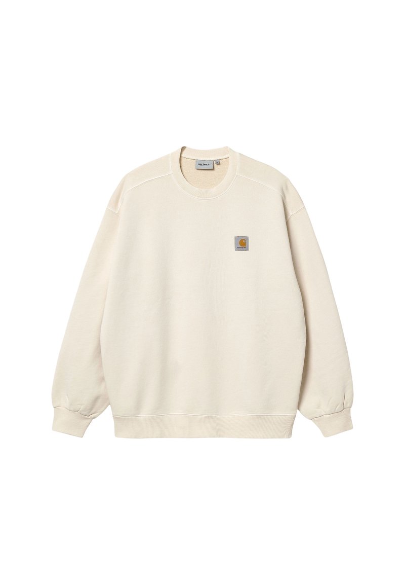 Felpa color crema con collo rotondo, maniche lunghe e polsini a costine. Presenta una piccola patch con logo nella zona sinistra del petto.