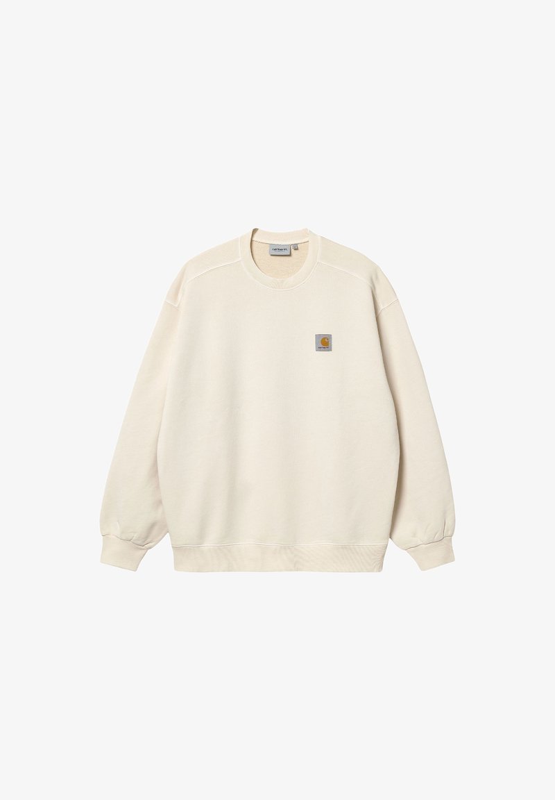 Cremfarbener Pullover mit Rundhalsausschnitt, langen Ärmeln und gerippten Bündchen. Mit einem kleinen Logo-Patch im linken Brustbereich.